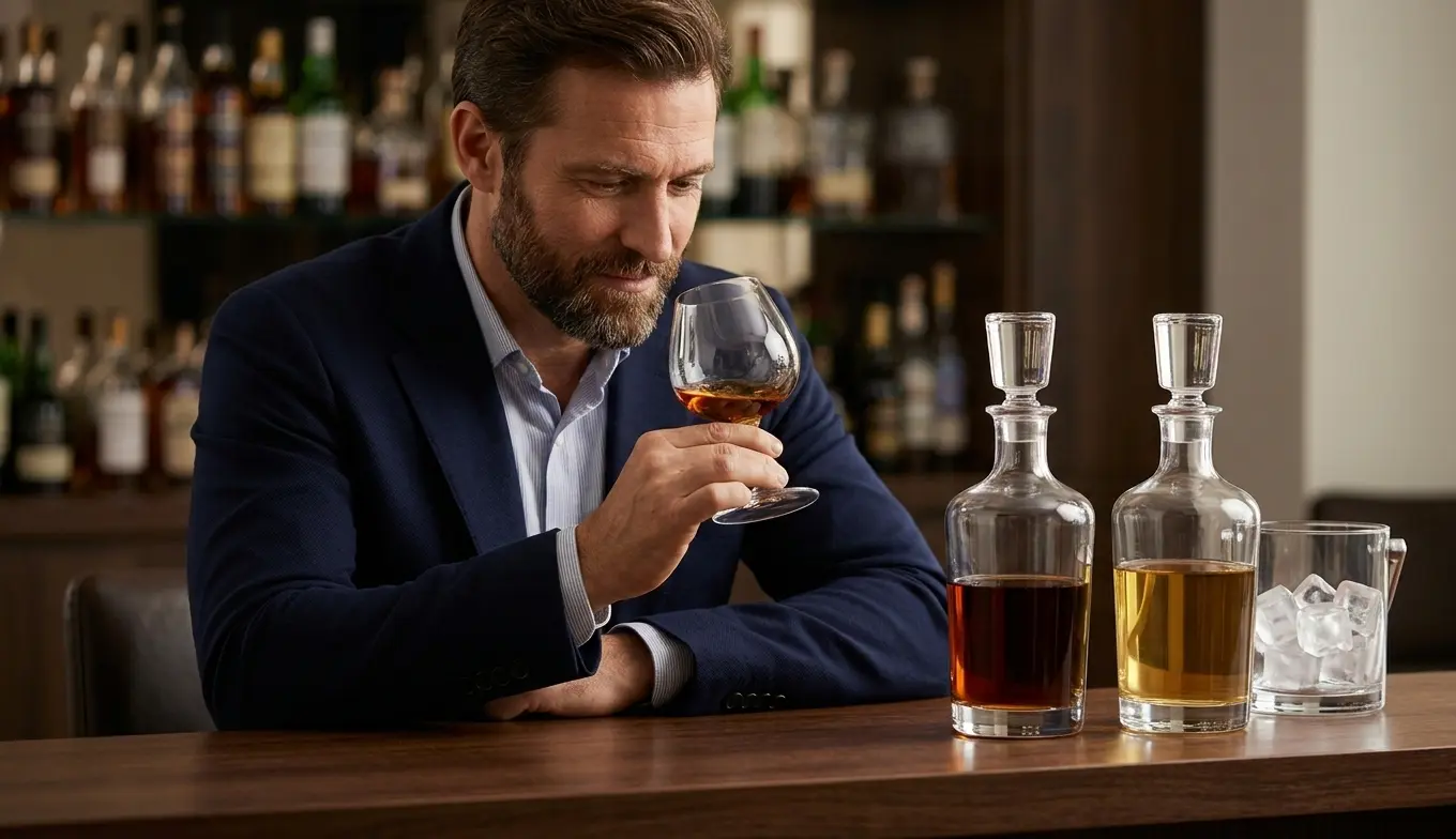 Un homme élégant humant un verre de rhum vieux VO devant deux carafes en verre contenant des rhums de différentes teintes dorées dans un bar chic.