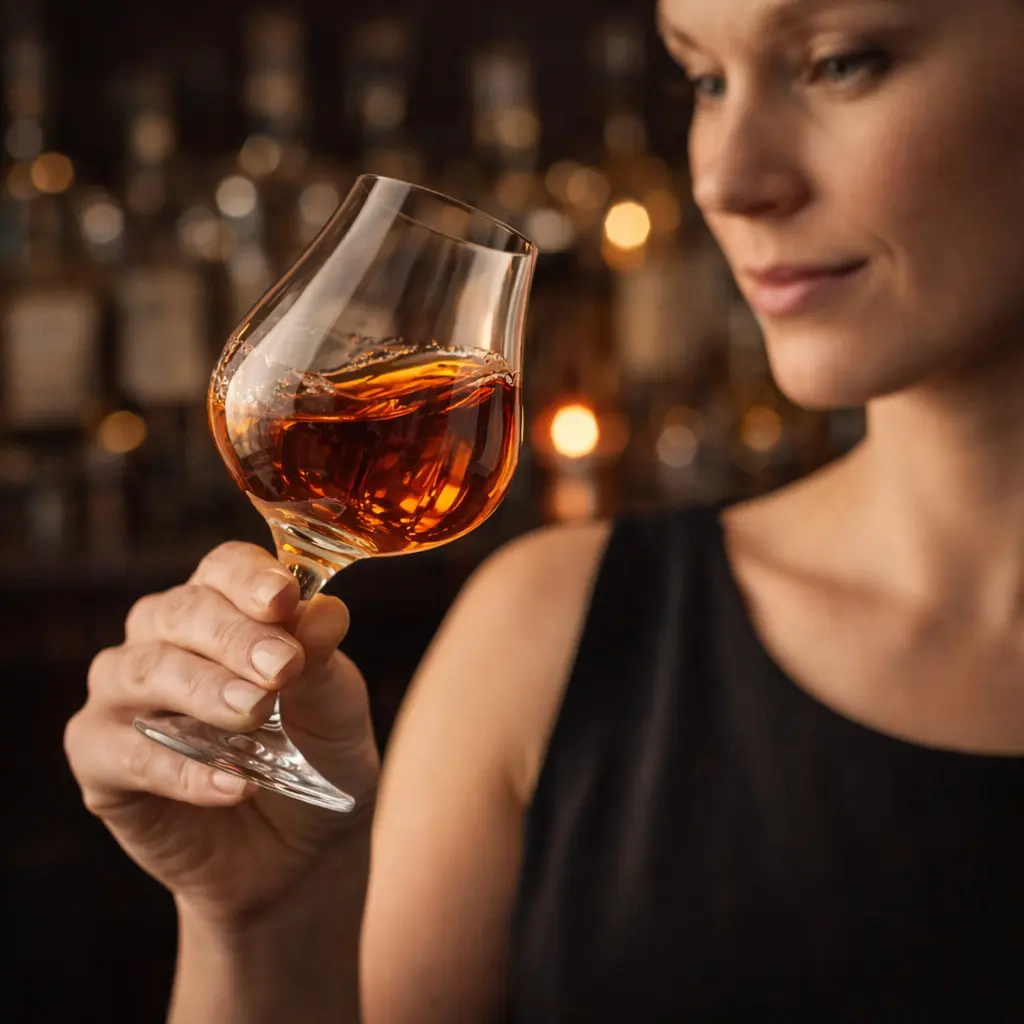 Gros plan d'une femme examinant la couleur et la brillance d'un rhum ambré dans un verre tulipe incliné dans un bar sombre.