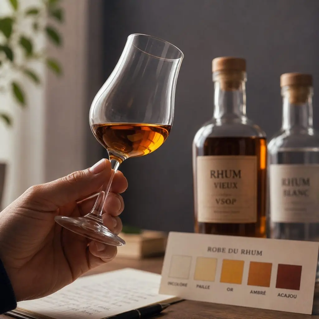 Observation de la robe et de la clarté d’un rhum dans un verre tulipe transparent