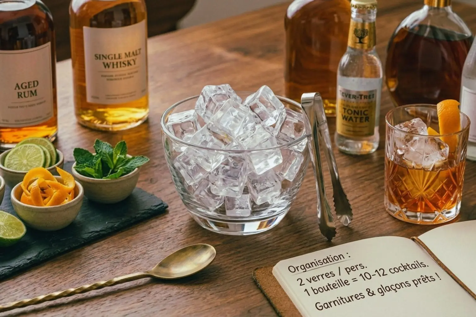 Photographie en vue de dessus d'un plan de travail en bois organisé pour la préparation de cocktails avec un grand bol de glaçons, des pinces, des coupes de garnitures fraîches comme du citron vert et de l'orange, des bouteilles de spiritueux, dont du rhum vieux, du whisky, du gin et du tonic, ainsi qu'un carnet de notes ouvert sur une nappe en lin.