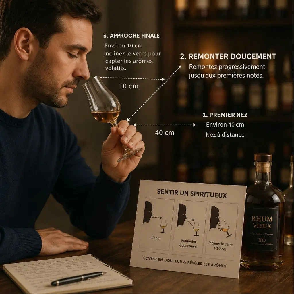 Technique du premier nez pour sentir un rhum dans un verre tulipe sans agression de l’alcool