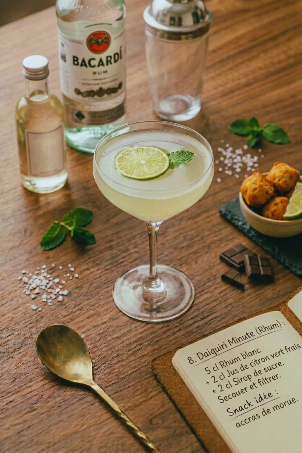 Photographie d'un cocktail Daiquiri dans une coupe élégante avec une rondelle de citron vert, entouré d'une bouteille de rhum blanc, d'un shaker, d'accras de morue et d'un carnet de recette.