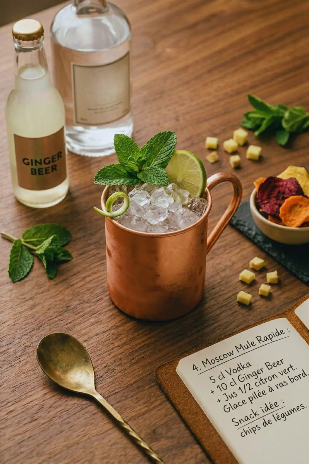 Photographie d'un cocktail Moscow Mule servi dans un mug en cuivre givré avec de la glace pilée, de la menthe et du citron vert, accompagné de chips de légumes et d'un carnet de recette.