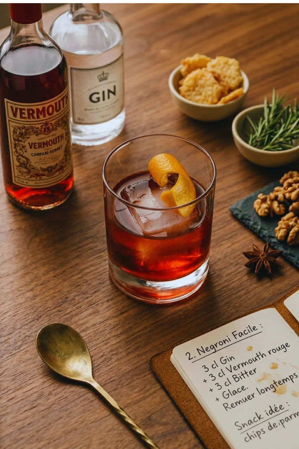 Photographie en vue de dessus d'un cocktail Negroni rouge rubis avec un gros glaçon et un zeste d'orange, entouré de bouteilles de gin, vermouth, chips de parmesan et d'un carnet de recette.