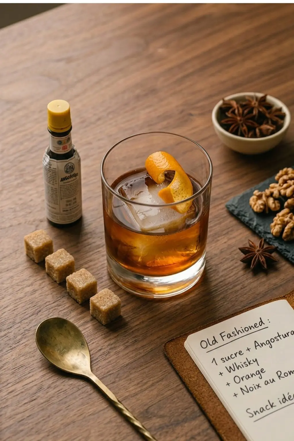 Photographie en plongée sur une table en bois montrant les ingrédients et la préparation d'un cocktail Old Fashioned avec un verre tumbler, des cubes de sucre, une bouteille d'Angostura, une cuillère à mélange, et un carnet de notes listant la recette.