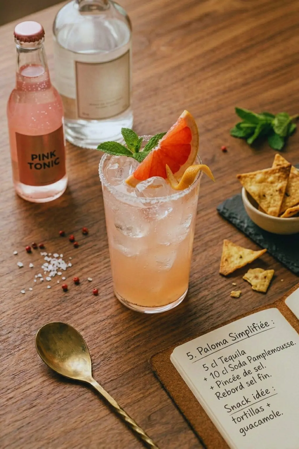 Photographie d'un cocktail Paloma rose dans un verre givré de sel avec une tranche de pamplemousse, accompagné d'une bouteille de pink tonic, de tortillas et d'un carnet de recette.