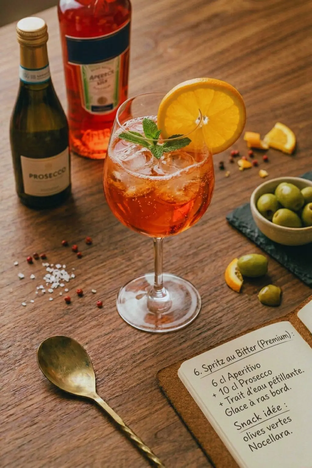 Photographie en vue de dessus d'un grand verre ballon contenant un Spritz orange vif avec des glaçons, une tranche d'orange et de la menthe, posé sur une table en bois à côté de bouteilles de Prosecco et d'Aperitivo, de gros sel, de poivre, de morceaux d'orange et d'un bol d'olives vertes.