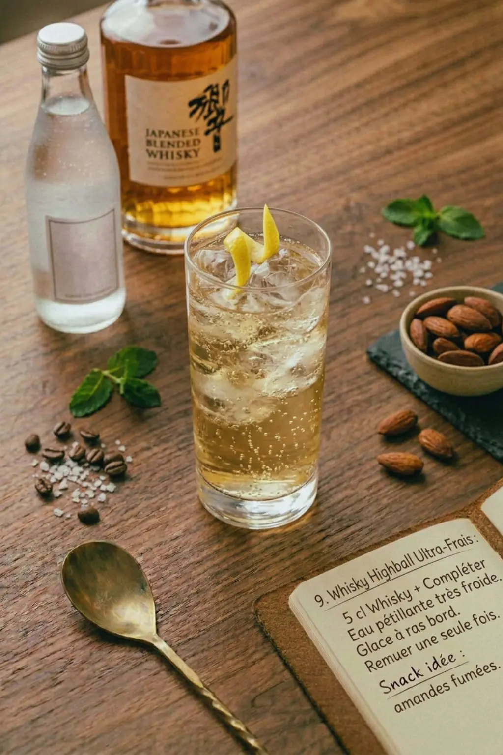 Photographie en vue de dessus d'un cocktail Whisky Highball pétillant avec glaçons et zeste de citron, servi sur une table en bois à côté de bouteilles de whisky japonais et d'eau gazeuse, d'un bol d'amandes fumées et d'un carnet de recette ouvert.