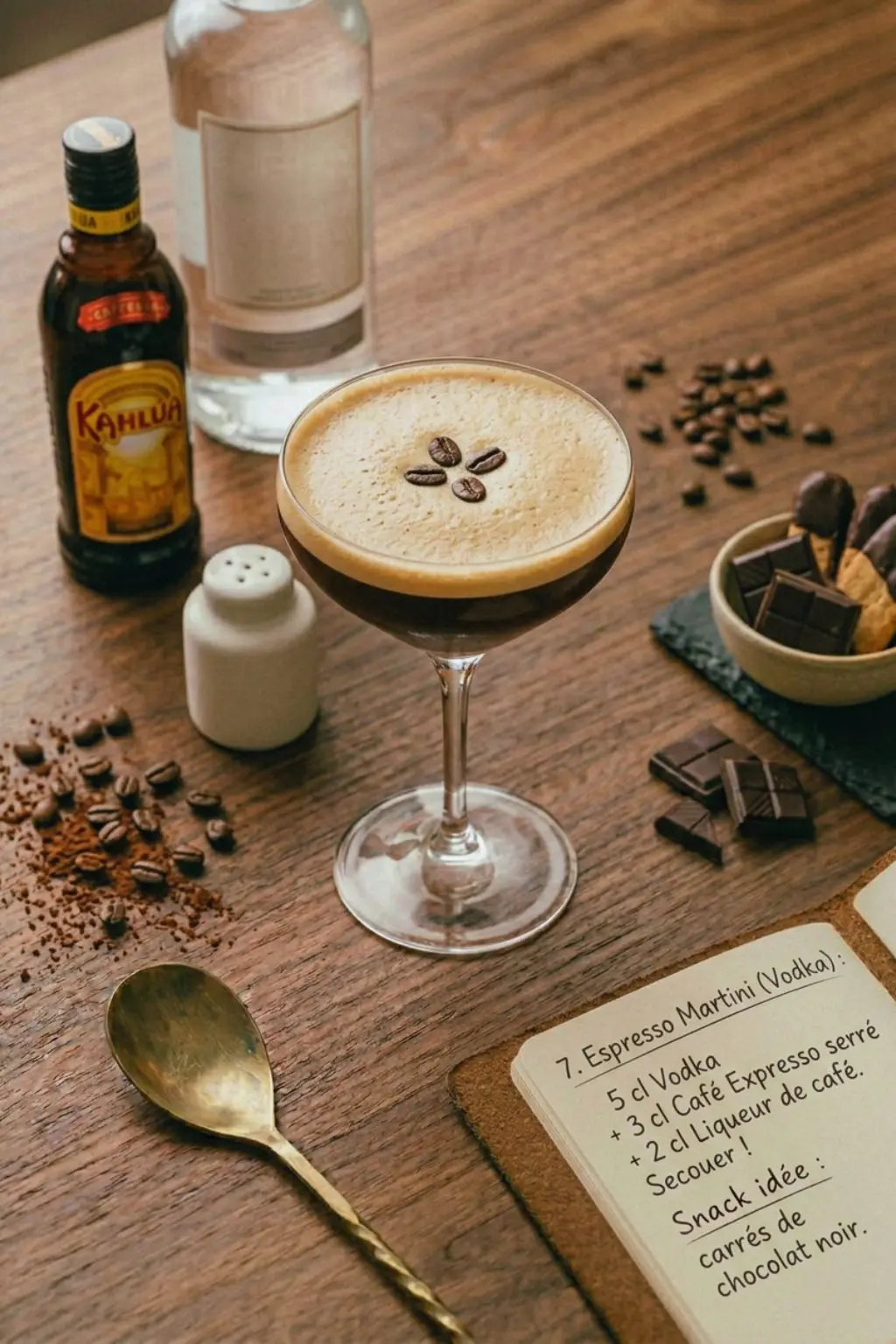 Photographie d'un cocktail Espresso Martini avec une mousse onctueuse et trois grains de café, accompagné de carrés de chocolat noir et d'un carnet de recette sur une table en bois.