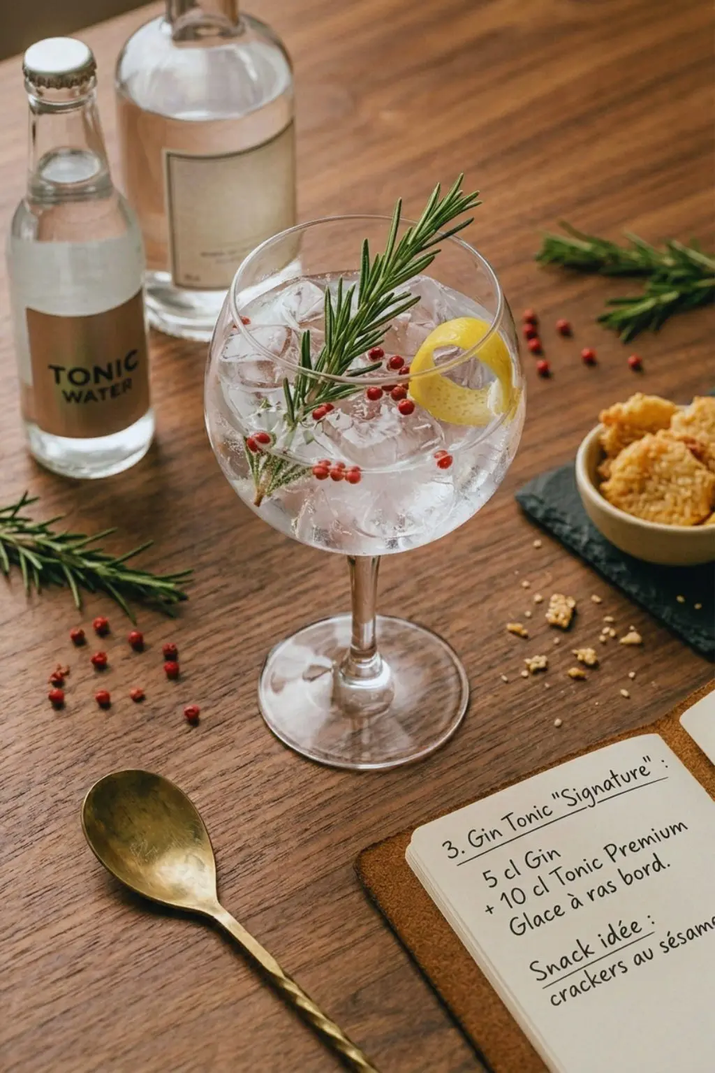 Photographie d'un cocktail Gin Tonic servi dans un verre ballon avec glaçons, branche de romarin et baies roses, accompagné de crackers au sésame et d'un carnet de recette sur une table en bois.