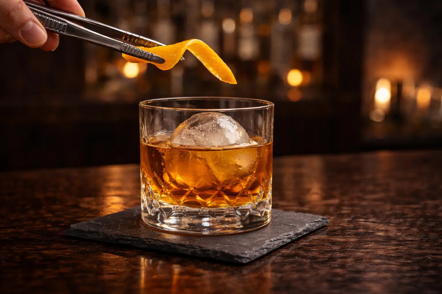 Une main utilisant des pinces de précision pour déposer un zeste d'orange sur un cocktail au rhum ambré avec un gros glaçon sphérique.