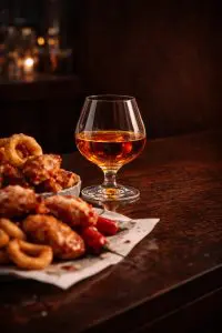 verre de rhum ambré posé sur un bar avec des plats frits et piments épicés en premier plan