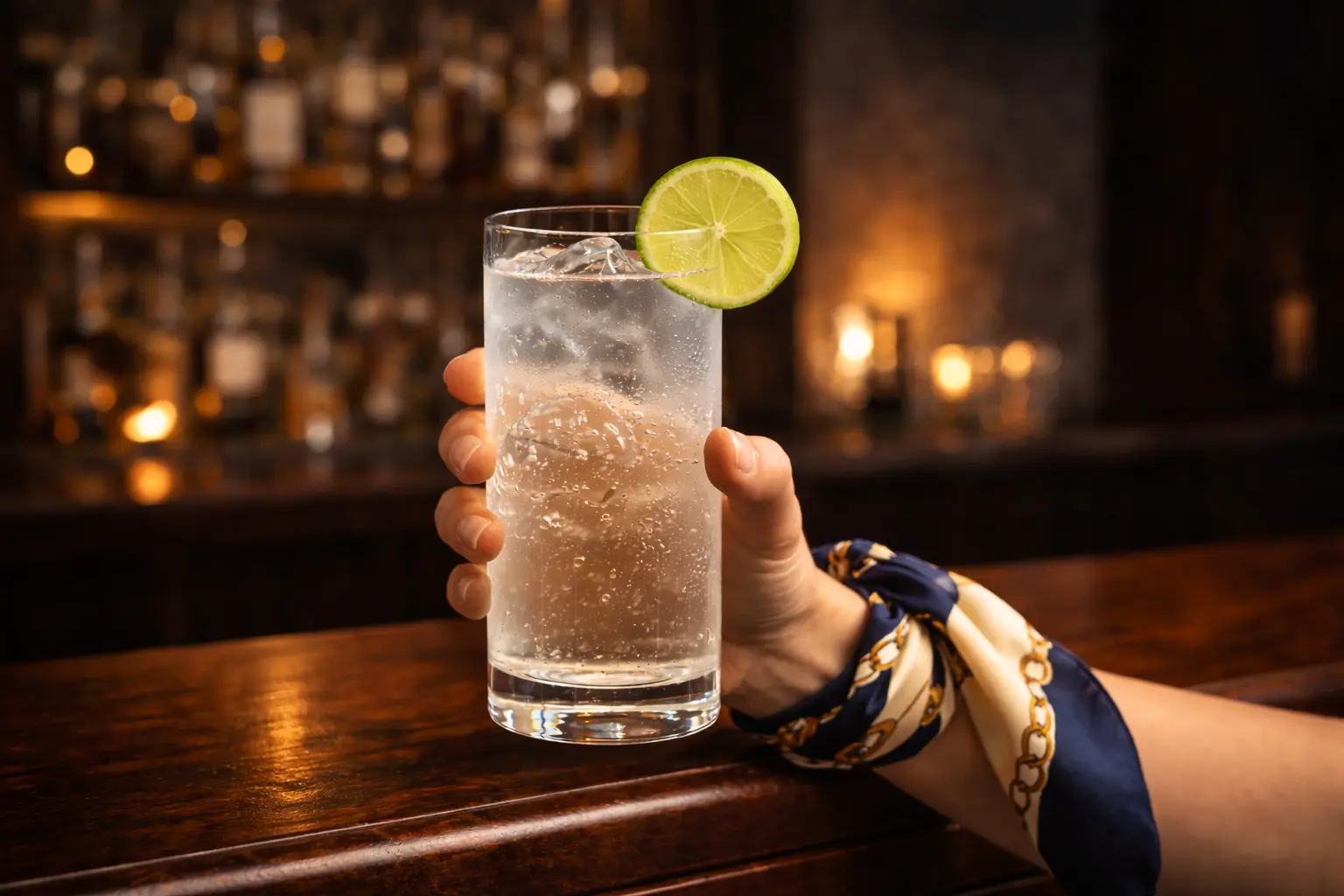 Une main tenant un grand verre highball rempli d'un mélange de rhum blanc pétillant avec des glaçons et une rondelle de citron vert sur un comptoir de bar.