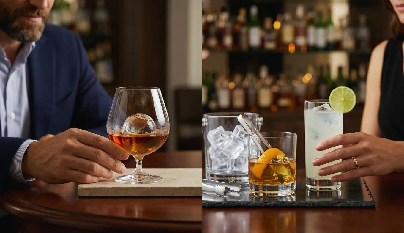 Comparaison visuelle entre un verre de rhum vieux ambré avec un gros glaçon sphérique et un verre de cocktail au rhum blanc avec une rondelle de citron vert sur un bar.