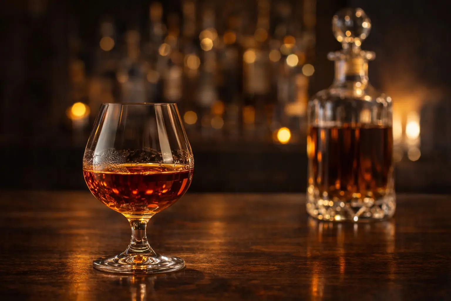 Un verre snifter rempli de rhum ambré posé sur un bar en bois sombre devant une carafe élégante et un arrière-plan de bouteilles floues.