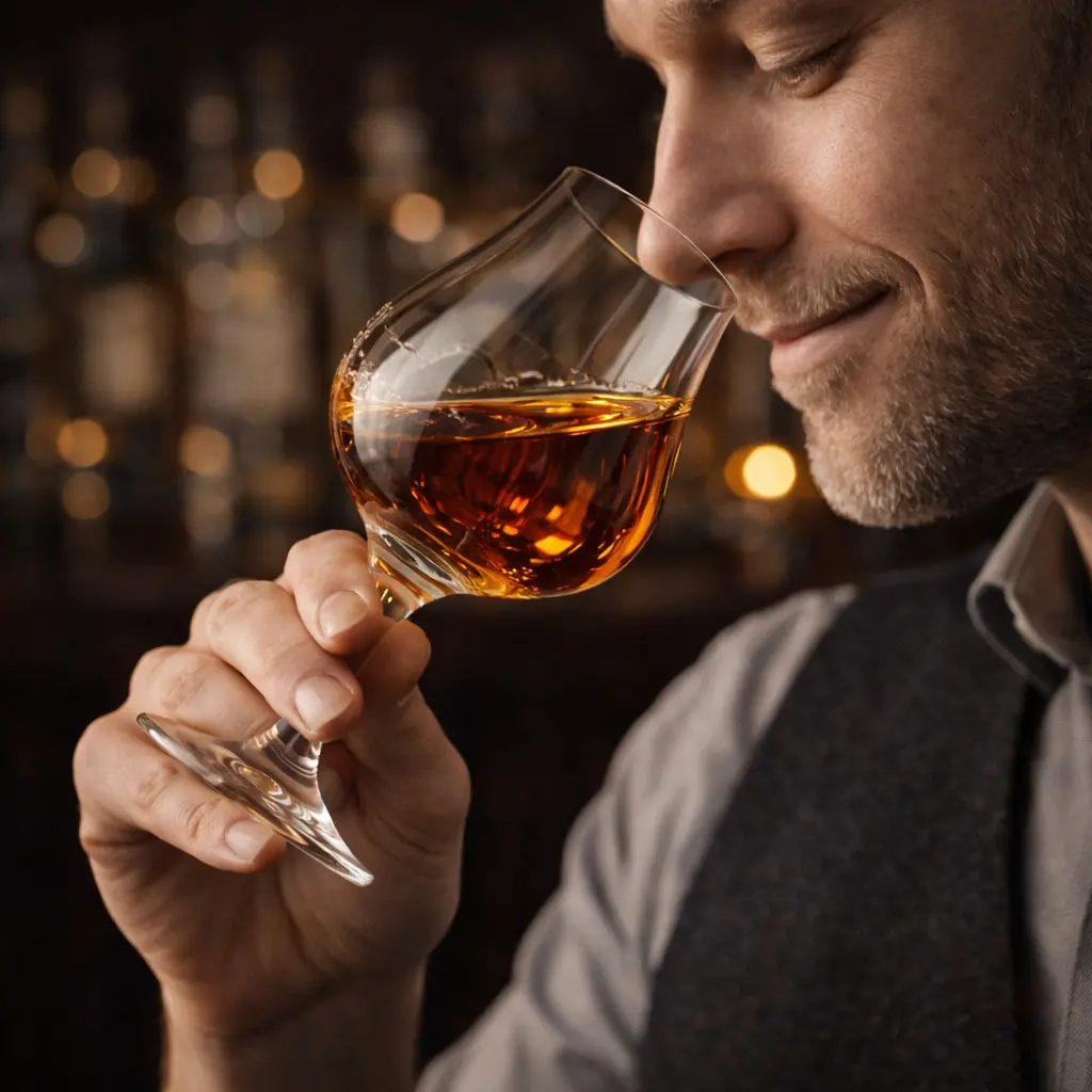 Un homme barbu approchant délicatement son nez d'un verre tulipe rempli de rhum ambré pour en sentir les arômes dans un bar.
