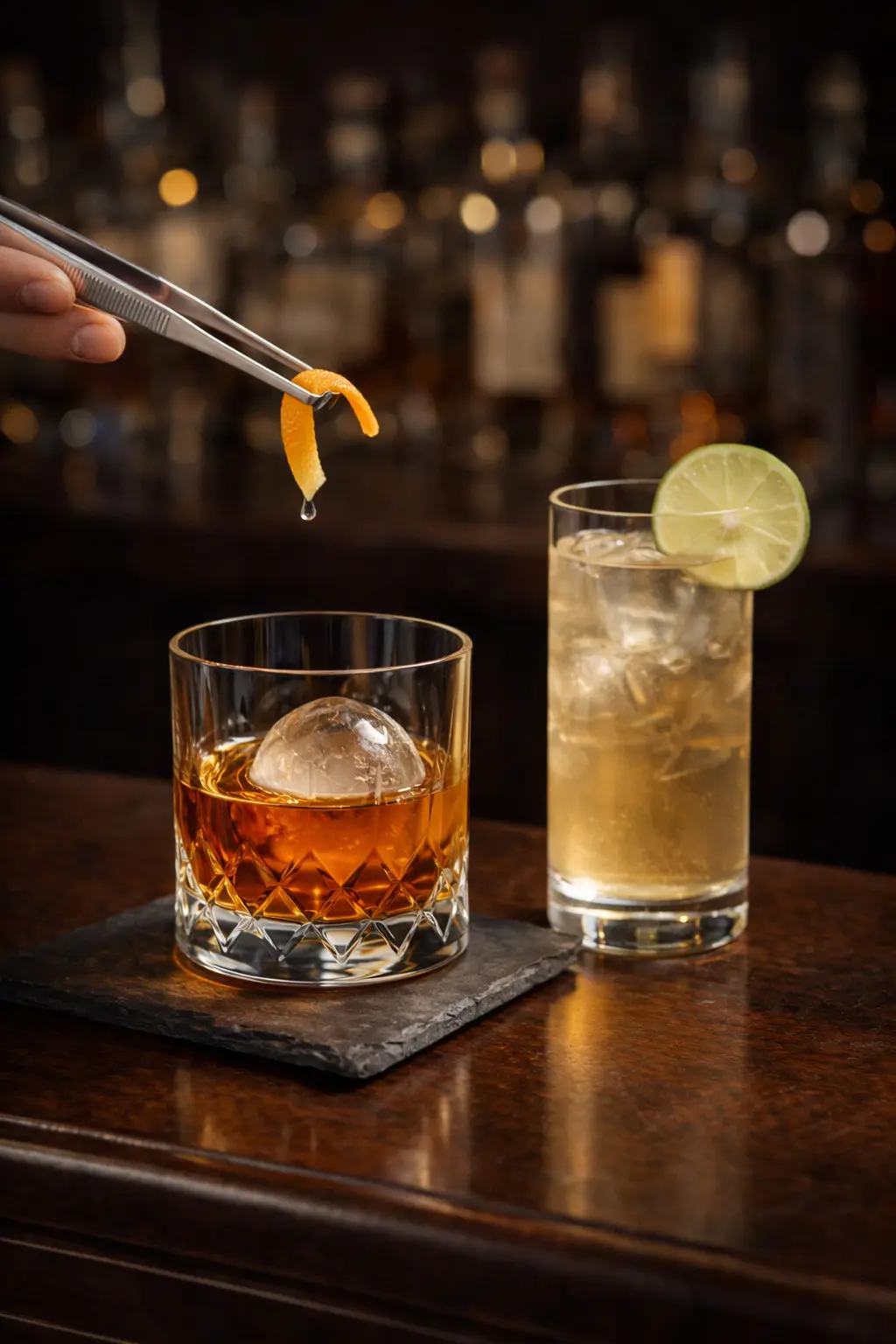 Une main utilisant une fine pince métallique pour déposer un ruban de zeste d'orange torsadé au-dessus d'un verre de rhum ambré sur un bar en bois.