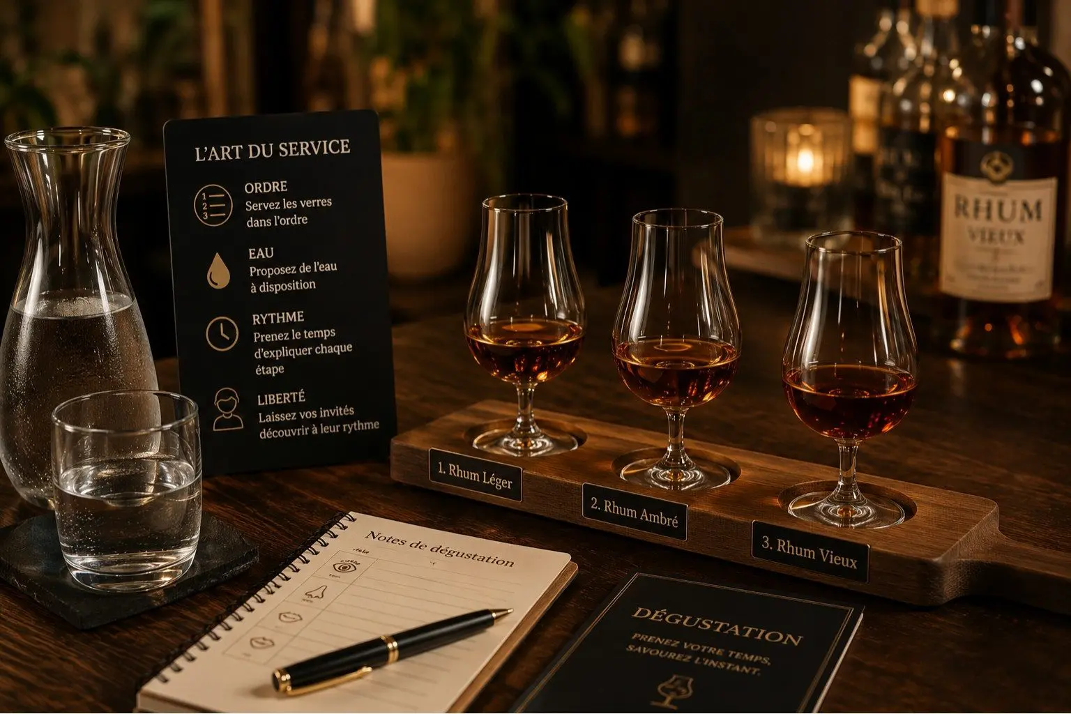 Service élégant de dégustation de rhum avec verres tulipe et eau à disposition