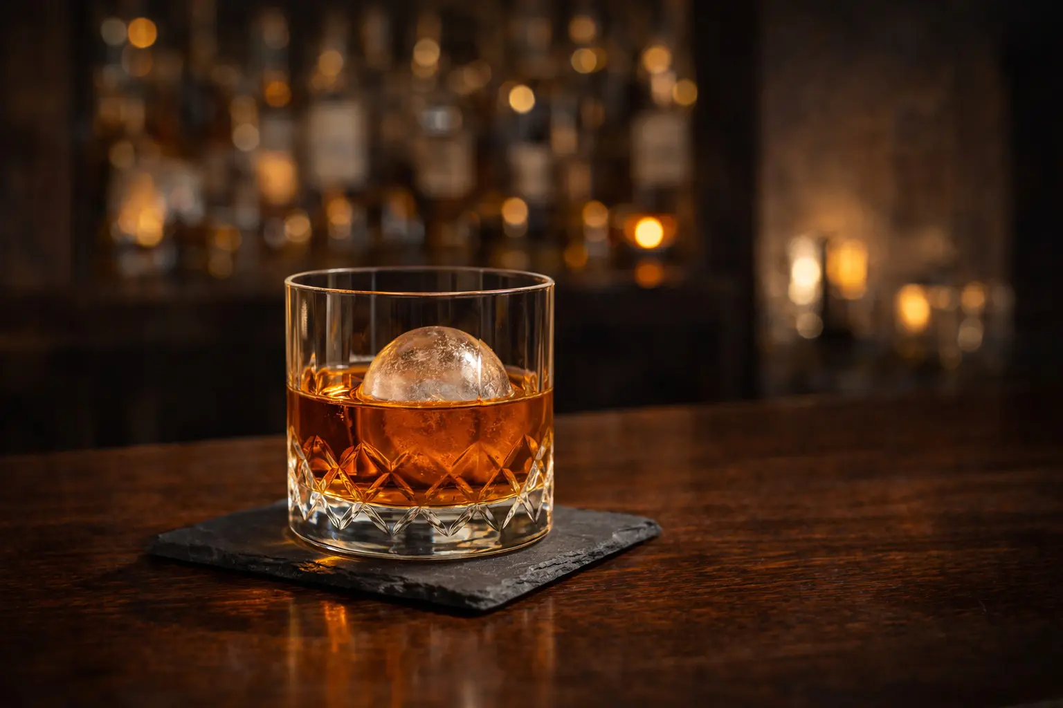Un verre de rhum ambré contenant un gros glaçon sphérique parfaitement transparent, posé sur un sous-verre en ardoise sur un bar en bois.