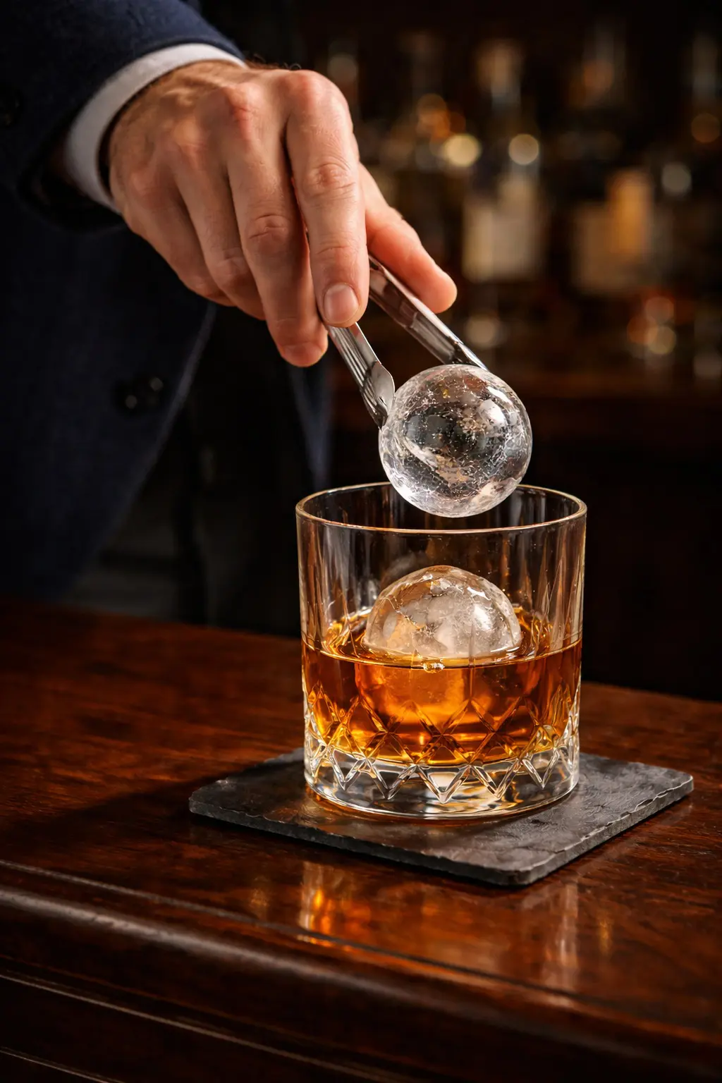 Une main utilisant des pinces argentées pour déposer une large sphère de glace transparente dans un verre de rhum ambré sur un bar sombre.
