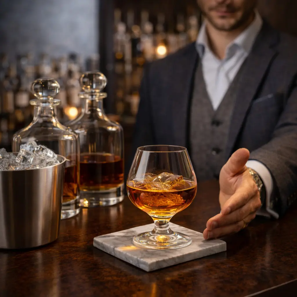 Un serveur en costume présente un verre de rhum ambré contenant de gros glaçons, posé sur un socle en marbre, avec un seau à glace et des carafes en arrière-plan.