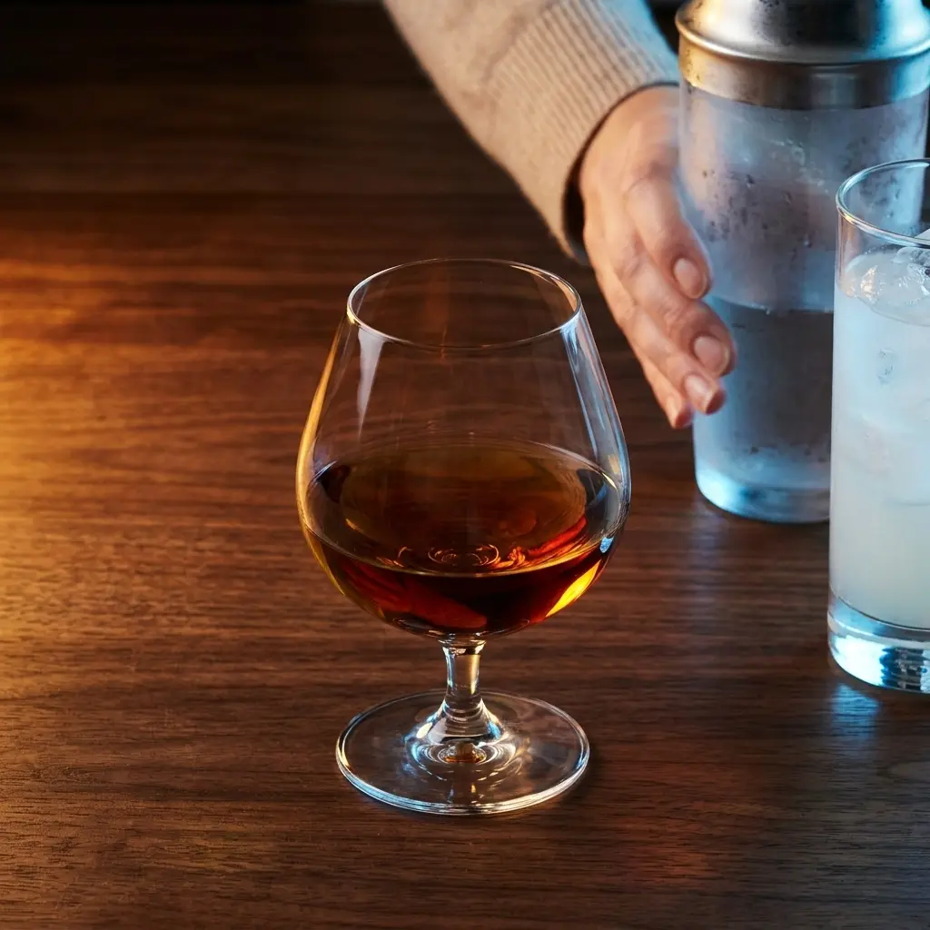 Un snifter de rhum vieux ambré sur une table en bois chaud à côté d'un shaker givré et d'un cocktail frais.