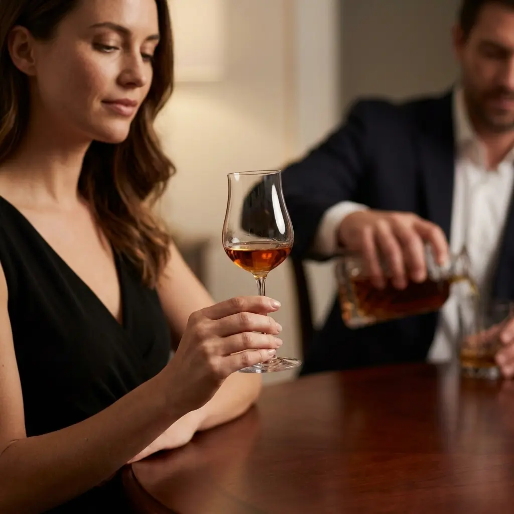 Femme élégante en robe noire tenant un verre tulipe de rhum par la base du pied sur une table en acajou.