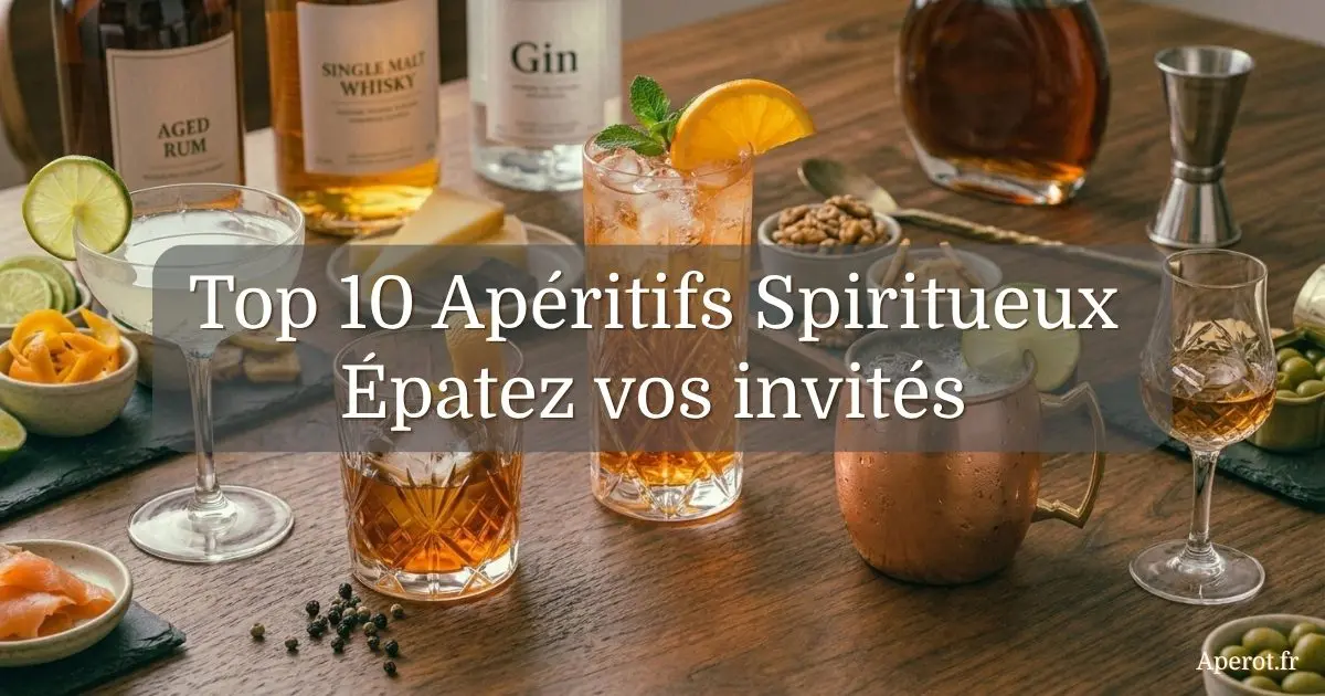 Image de présentation de l'article avec un titre central sur rectangle blanc transparent affichant Top 10 Apéritifs Spiritueux Épatez vos invités sur un fond de table en bois garnie de cocktails variés comme un Spritz, un Old Fashioned, un Moscow Mule et un Daiquiri avec des amuse-bouches.