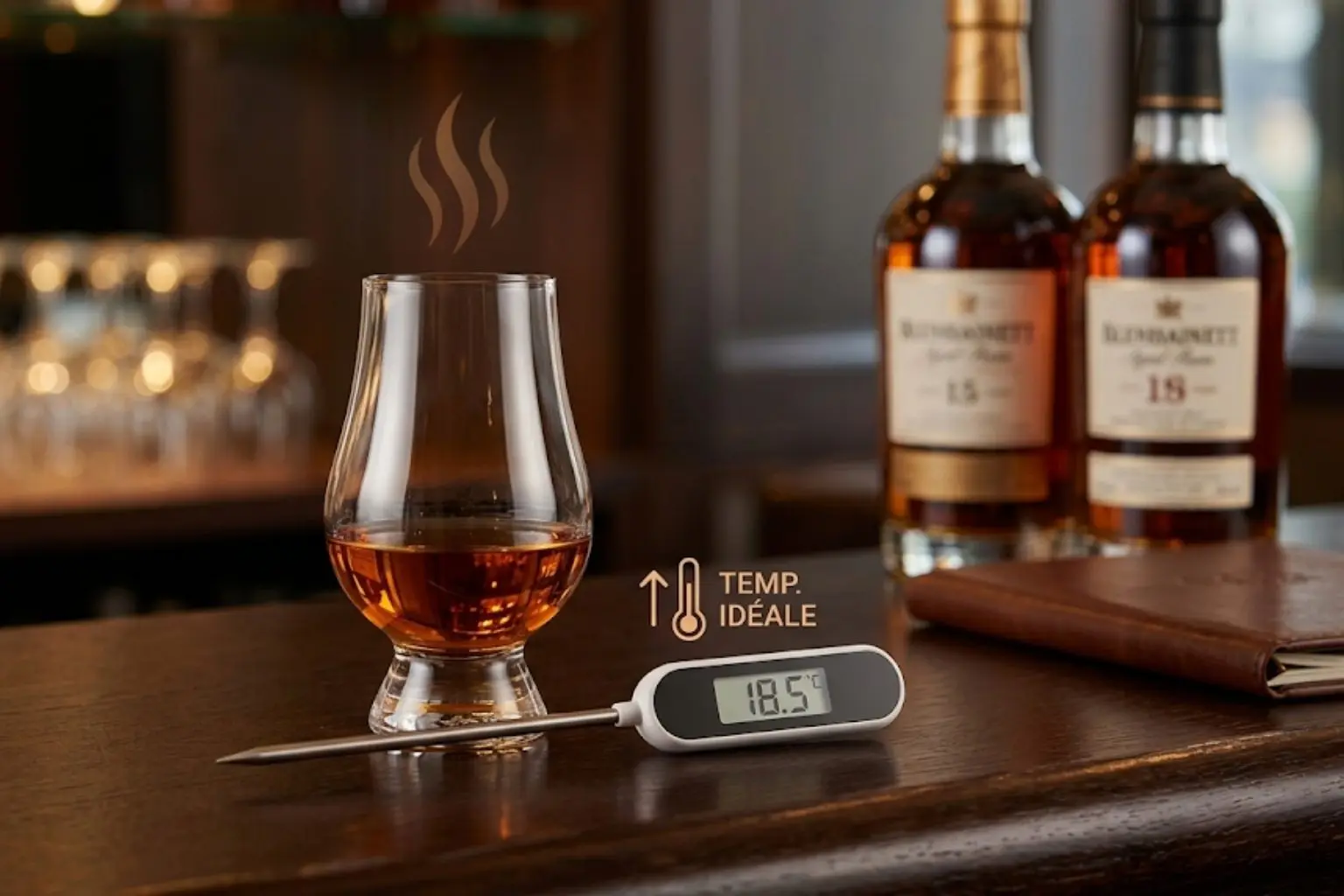 Verre de dégustation de rhum ambré sur un comptoir de bar en bois à côté d'un thermomètre numérique indiquant 18,5 degrés Celsius.