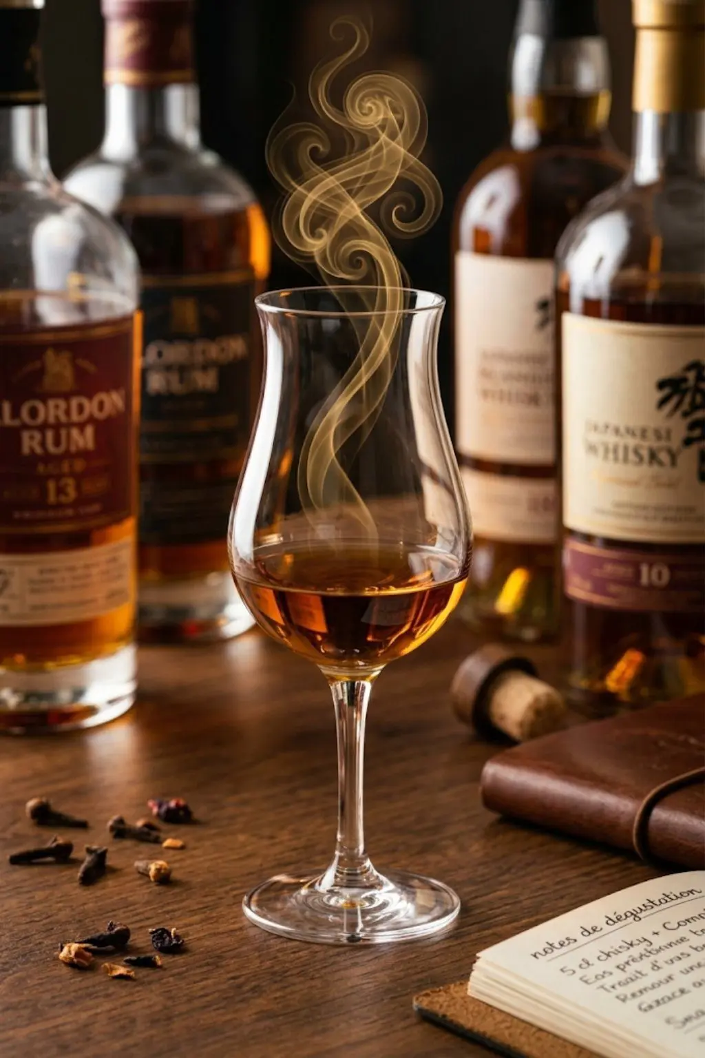 Verre tulipe avec rhum ambré pour concentrer les arômes lors d’une dégustation élégante