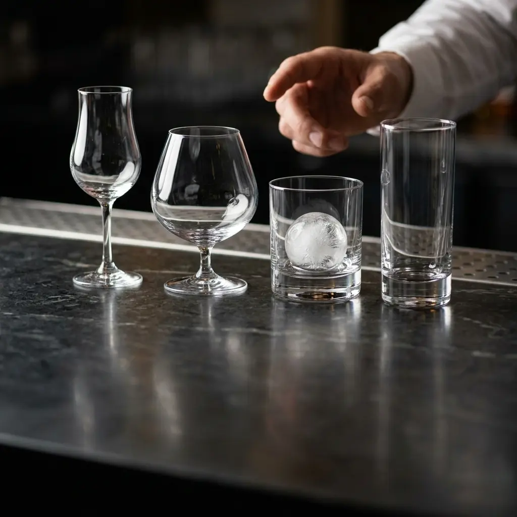Alignement de quatre verres à rhum différents sur un comptoir de bar en pierre sombre : tulipe, snifter, old fashioned avec glace et highball.