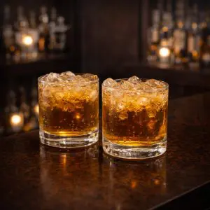 deux verres old fashioned remplis presque à ras bord de rhum avec glaçons fondants sur un bar