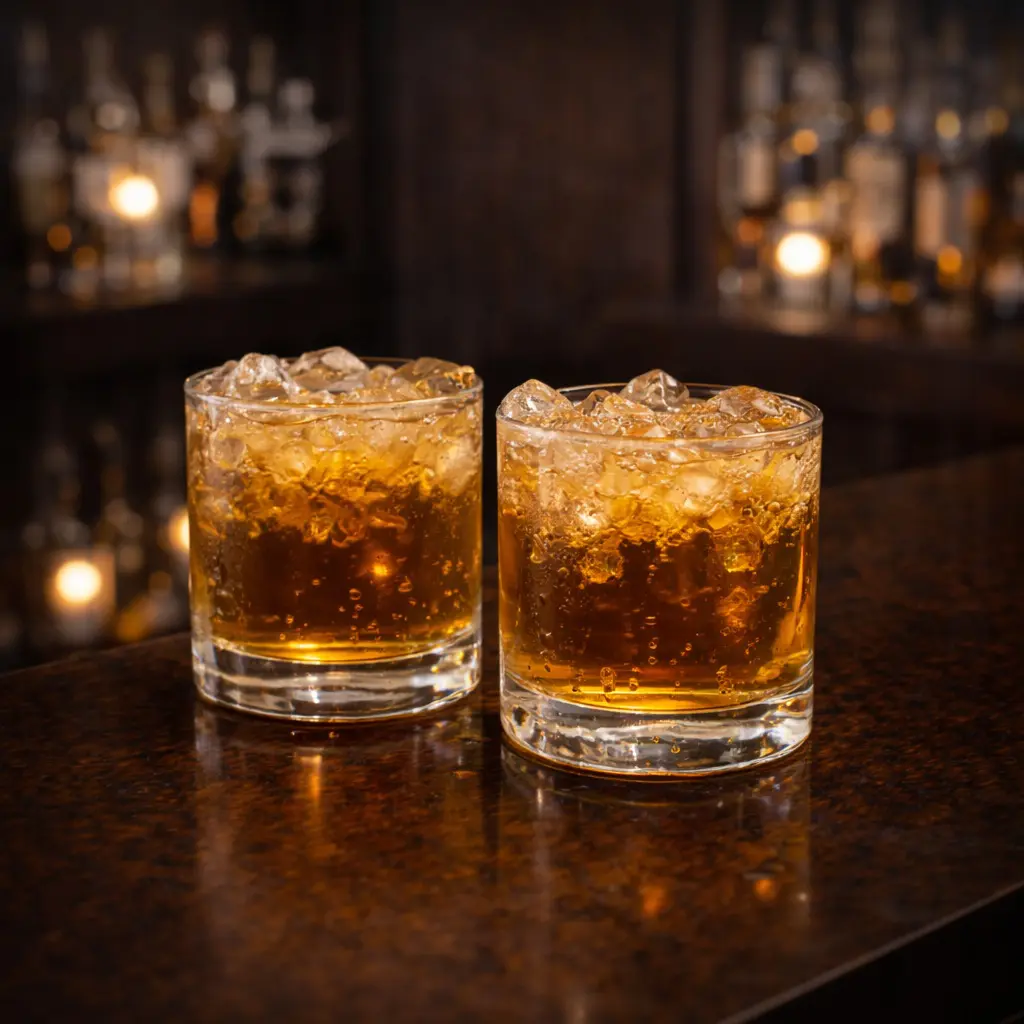deux verres old fashioned remplis presque à ras bord de rhum avec glaçons fondants sur un bar