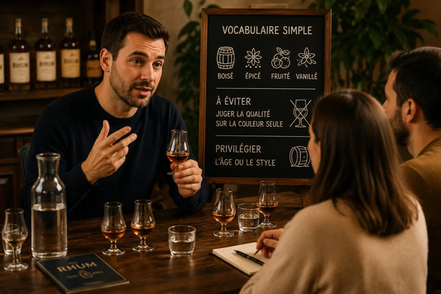 Discussion autour du vocabulaire simple utilisé pour décrire le rhum pendant une dégustation