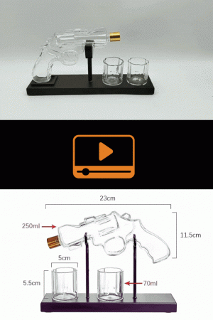 set carafe revolver + 2 verres + socle vu sous plusieurs angles