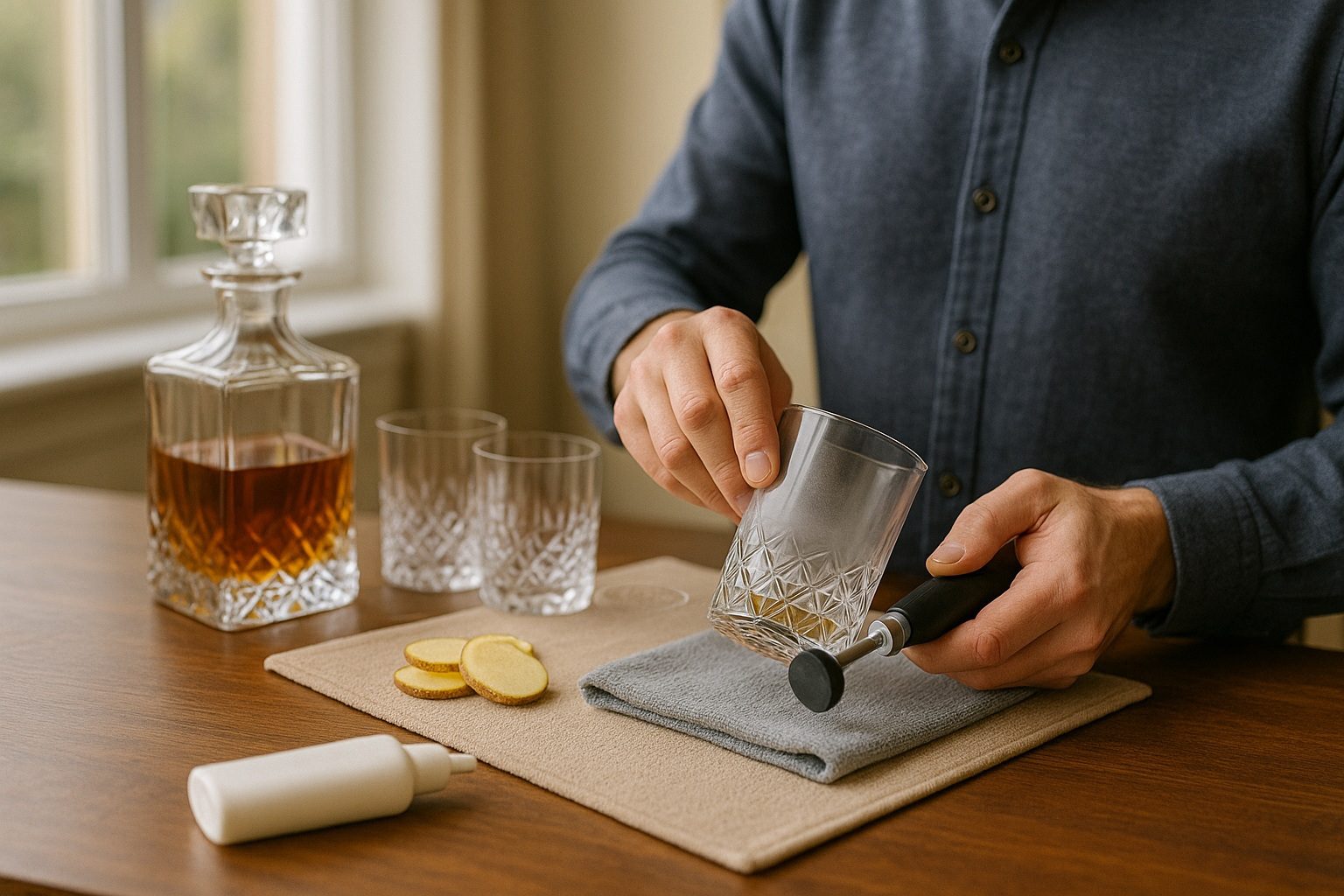 Personne polissant manuellement un verre en cristal terni avec un produit spécialisé sur une table, pour restaurer la transparence