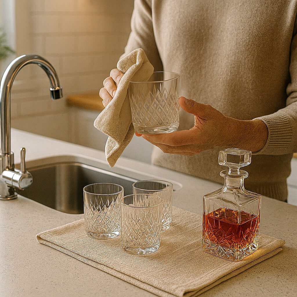 Personne séchant un verre en cristal à la main avec un chiffon doux, avant nettoyage approfondi, sur un plan de travail de cuisine