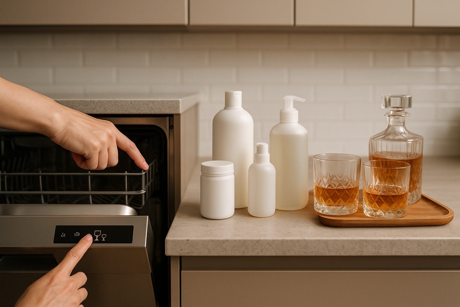 Sélection du programme fragile sur un lave-vaisselle avec des produits de lavage doux à côté, pour protéger les verres en cristal