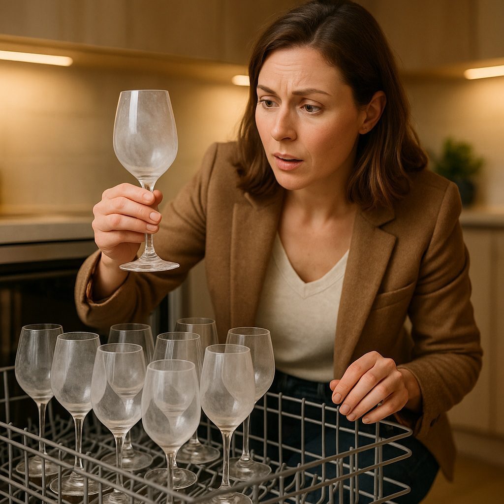 Femme examinant un verre en cristal blanchi au lave-vaisselle à cause du calcaire, entourée de verres opaques dans le panier du lave-vaisselle