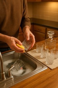 Personne lavant délicatement un verre à whisky en cristal à la main avec une éponge douce au-dessus d’un évier rempli d’eau savonneuse, plusieurs verres en cristal sèchent à côté.