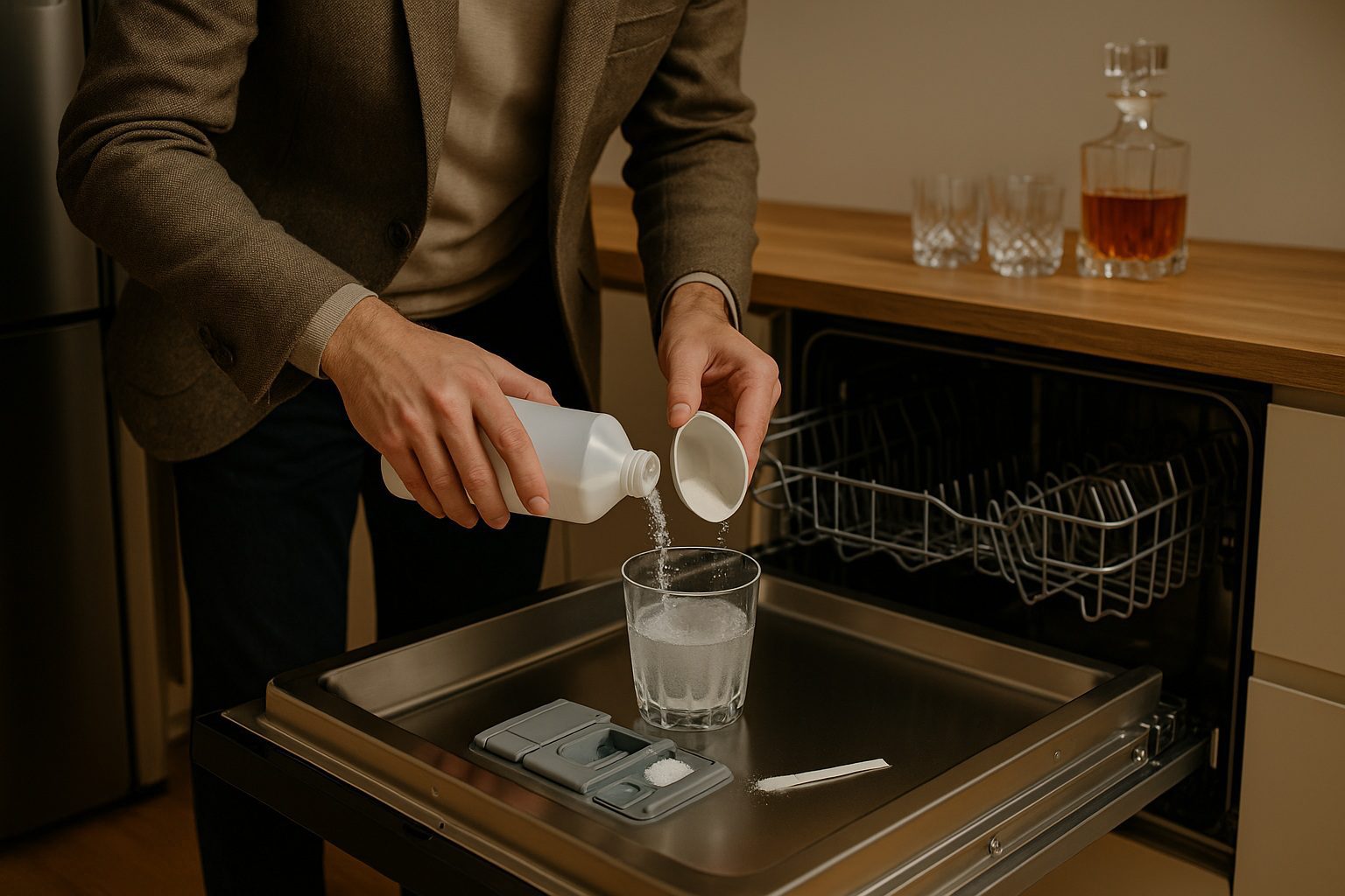 Personne versant du sel régénérant dans un verre posé sur la porte du lave-vaisselle, avant réglage de la dureté de l’eau, pour limiter les dépôts calcaires sur les verres.