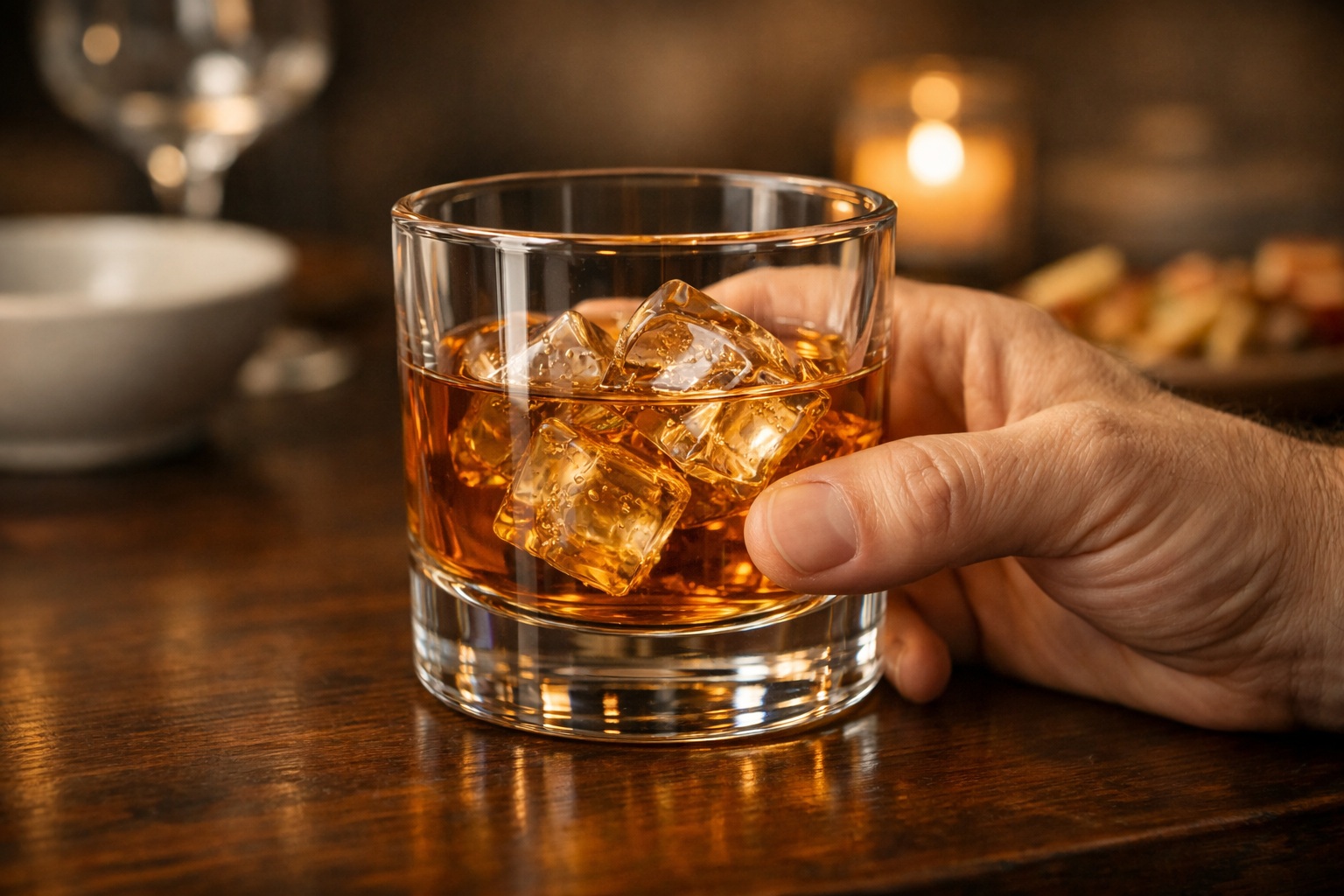 Verre à whisky épais de type tumbler contenant un whisky ambré avec glaçons, tenu en main sur une table en bois dans une ambiance chaleureuse